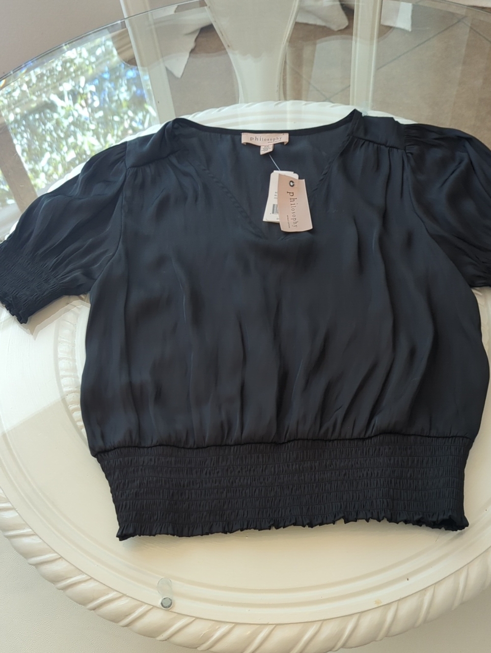 Philosophy Black Short-Sleeve Smocked Waist Blouse M